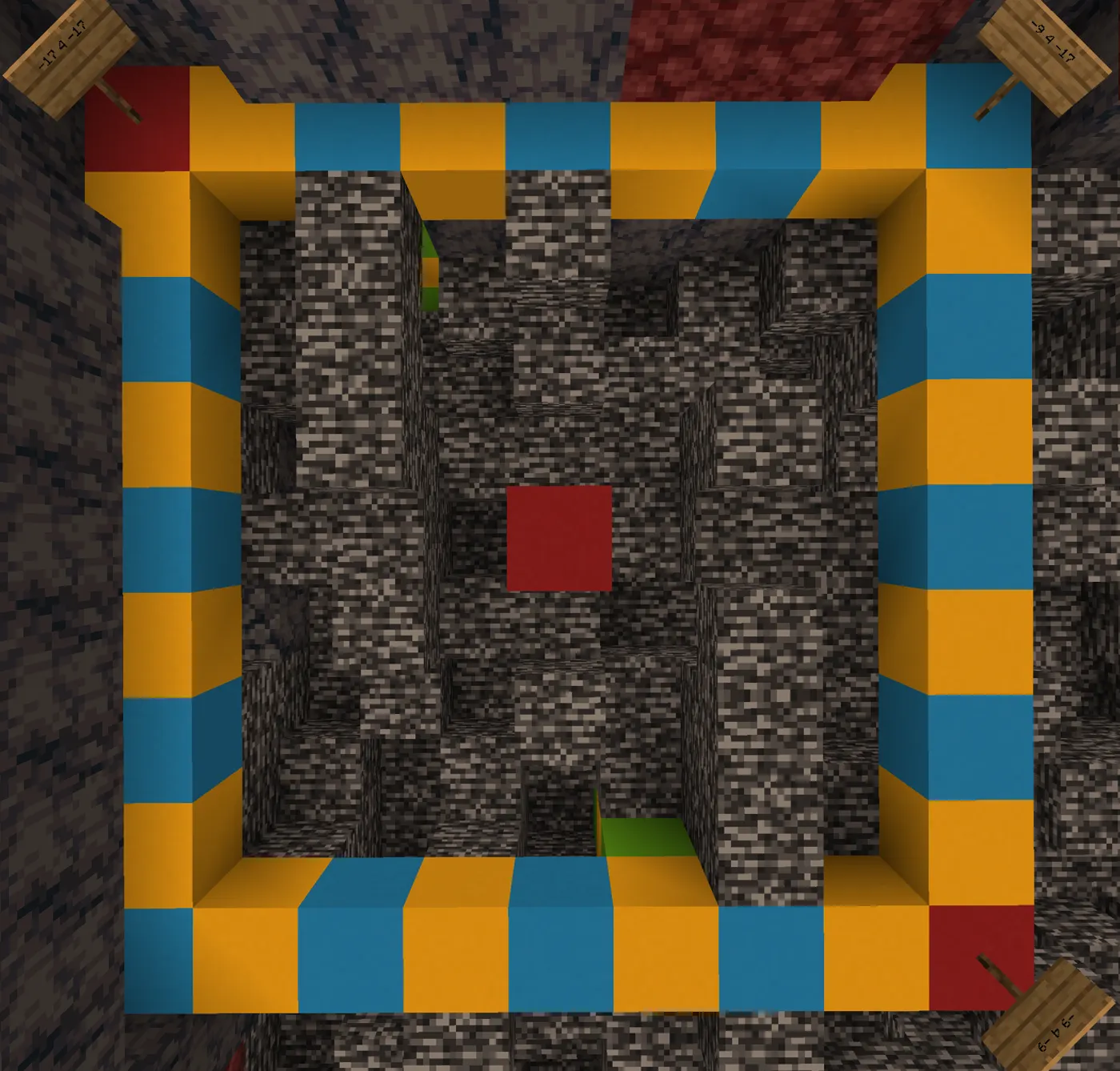 Bedrock on the Nether floor, with coordinate signs