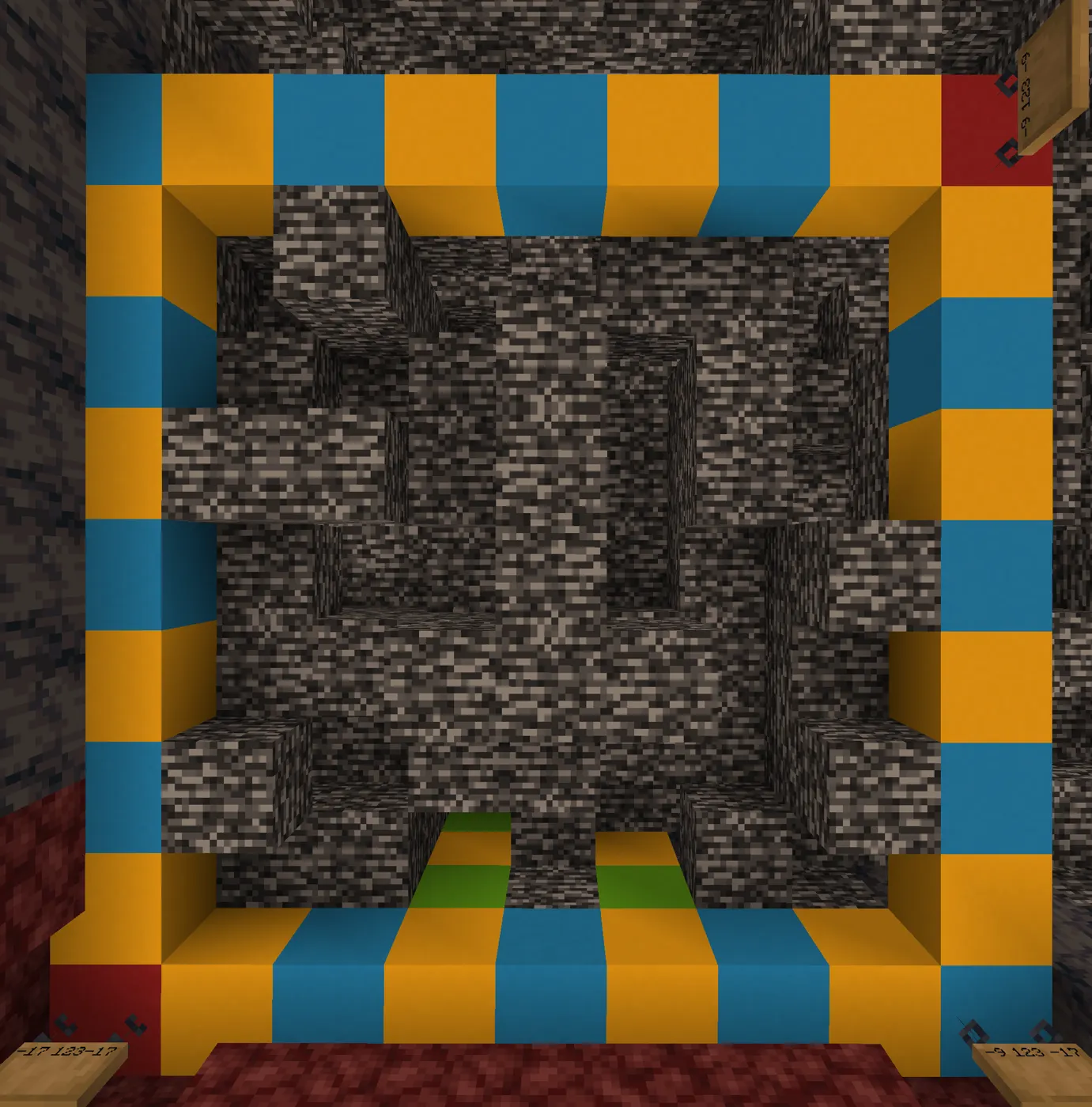 Bedrock on the Nether roof, with coordinate signs