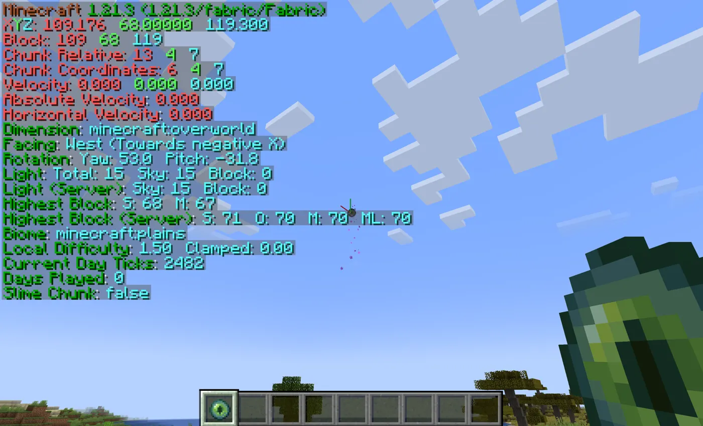 Second eye of ender throw, with the debug screen showing position and angle