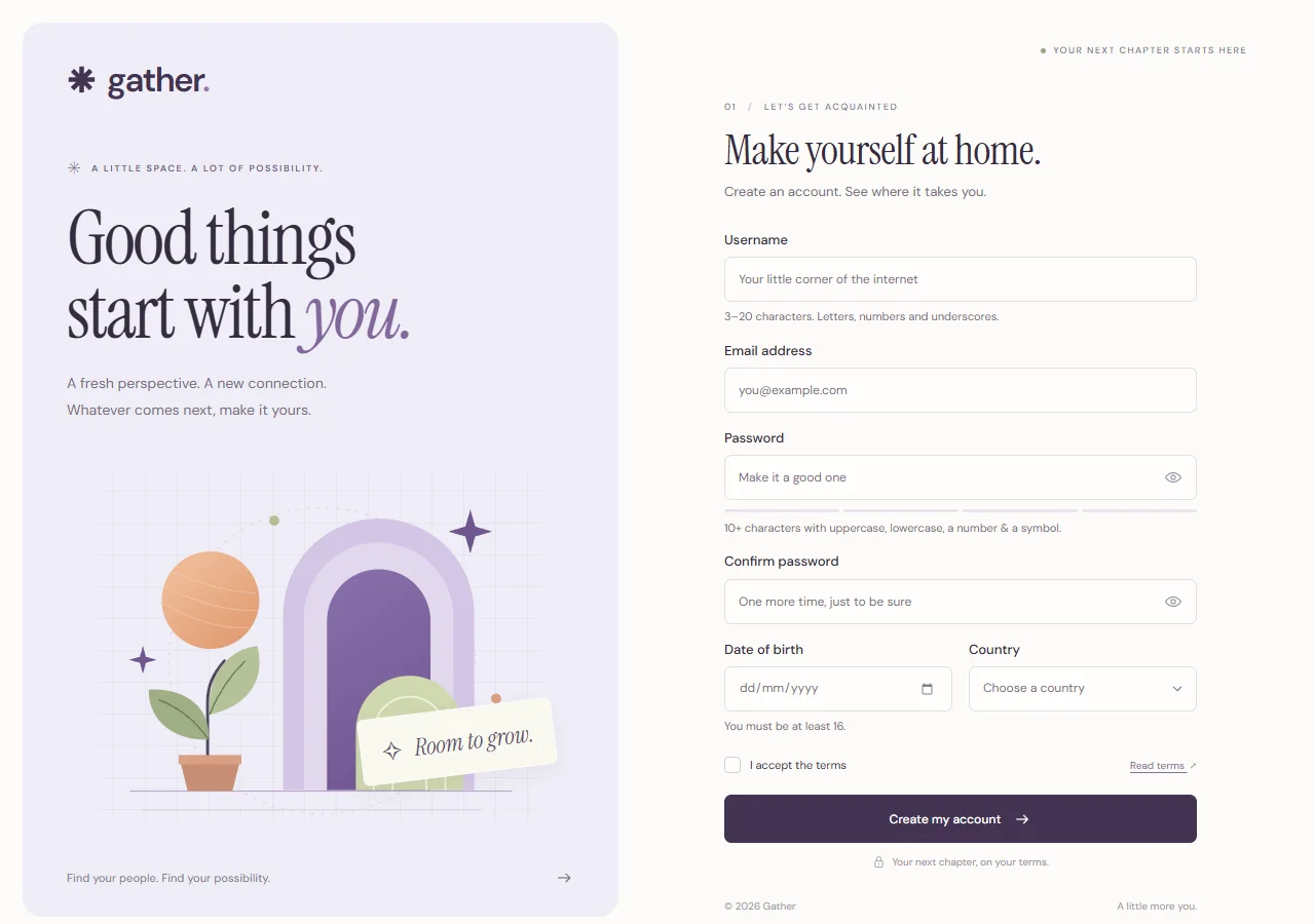 GPT-6 Astra's sign-up form: a lavender panel with an illustration beside a light form