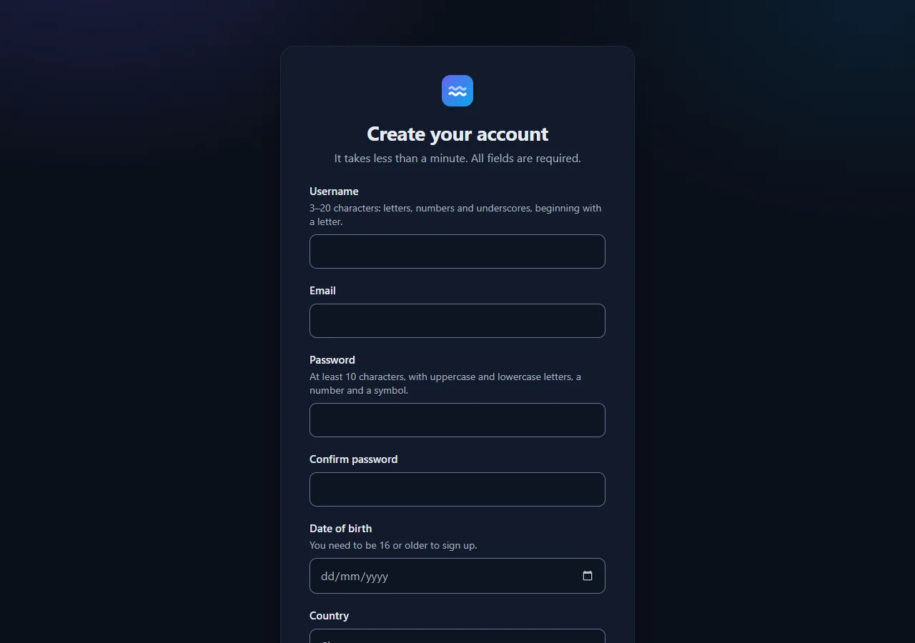 Opus's sign-up form: a dark card centred on the page