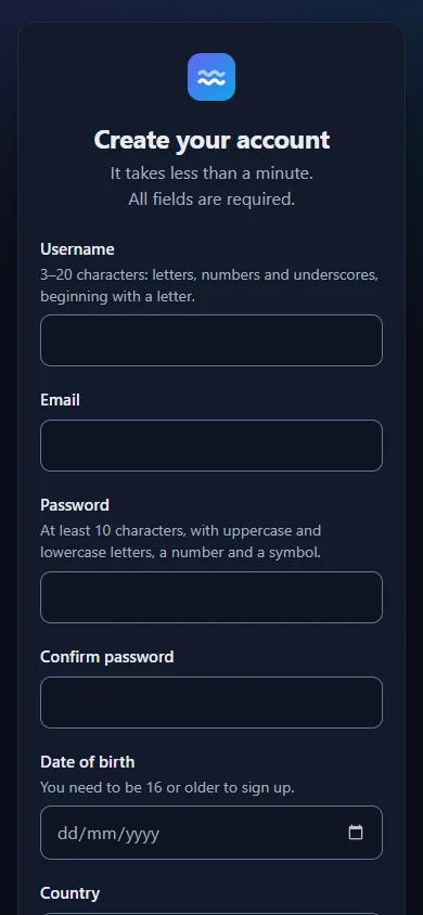 Opus's sign-up form on a phone