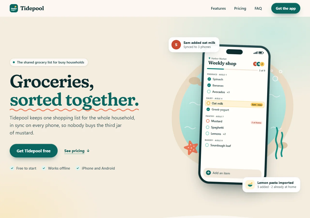 Opus's Tidepool landing page: a sand and teal hero with a phone showing the shared list
