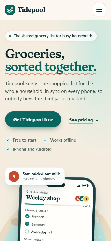 Opus's Tidepool landing page on a phone