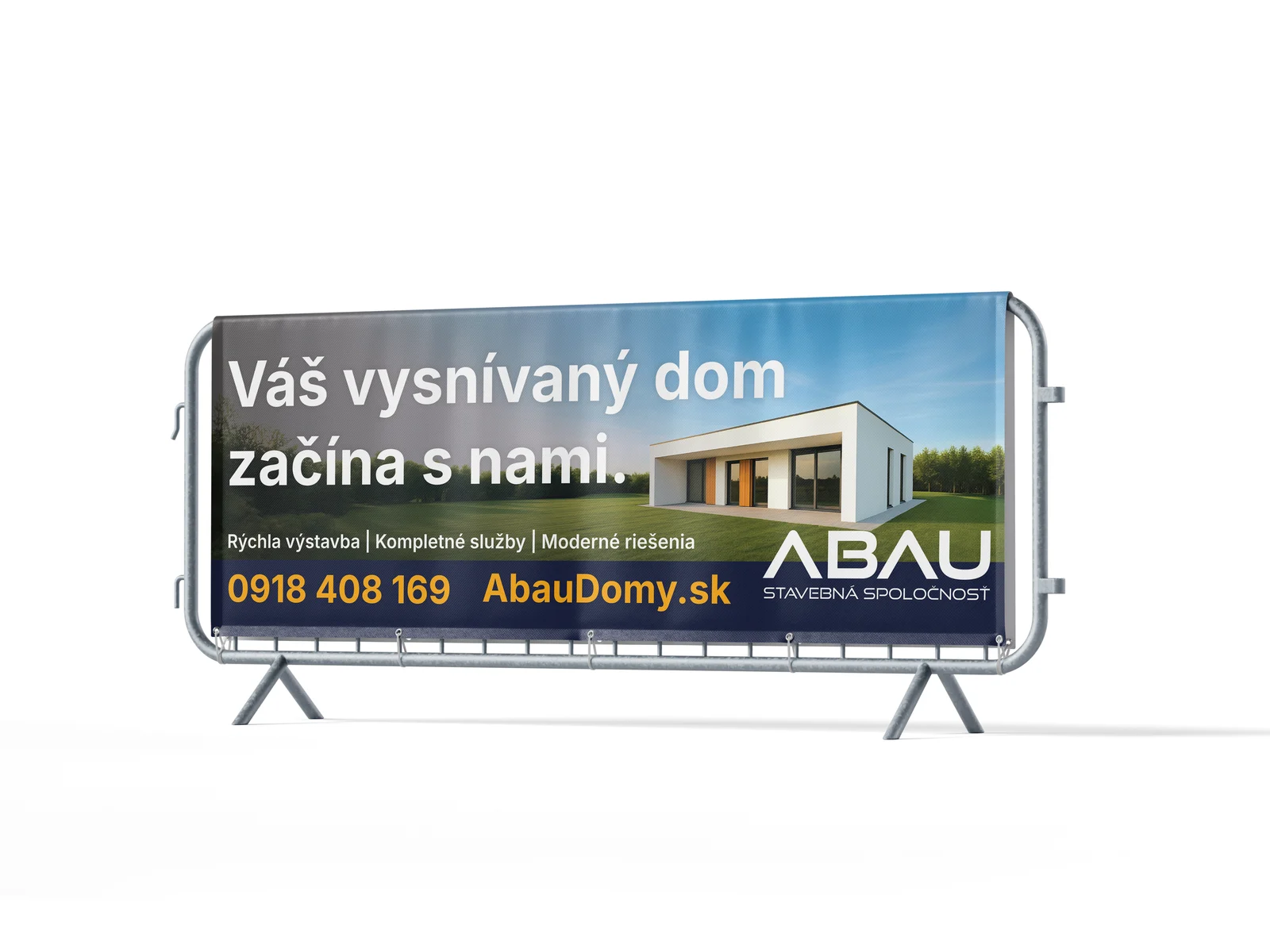 Mockup of the banner on a crowd barrier, seen slightly from the side