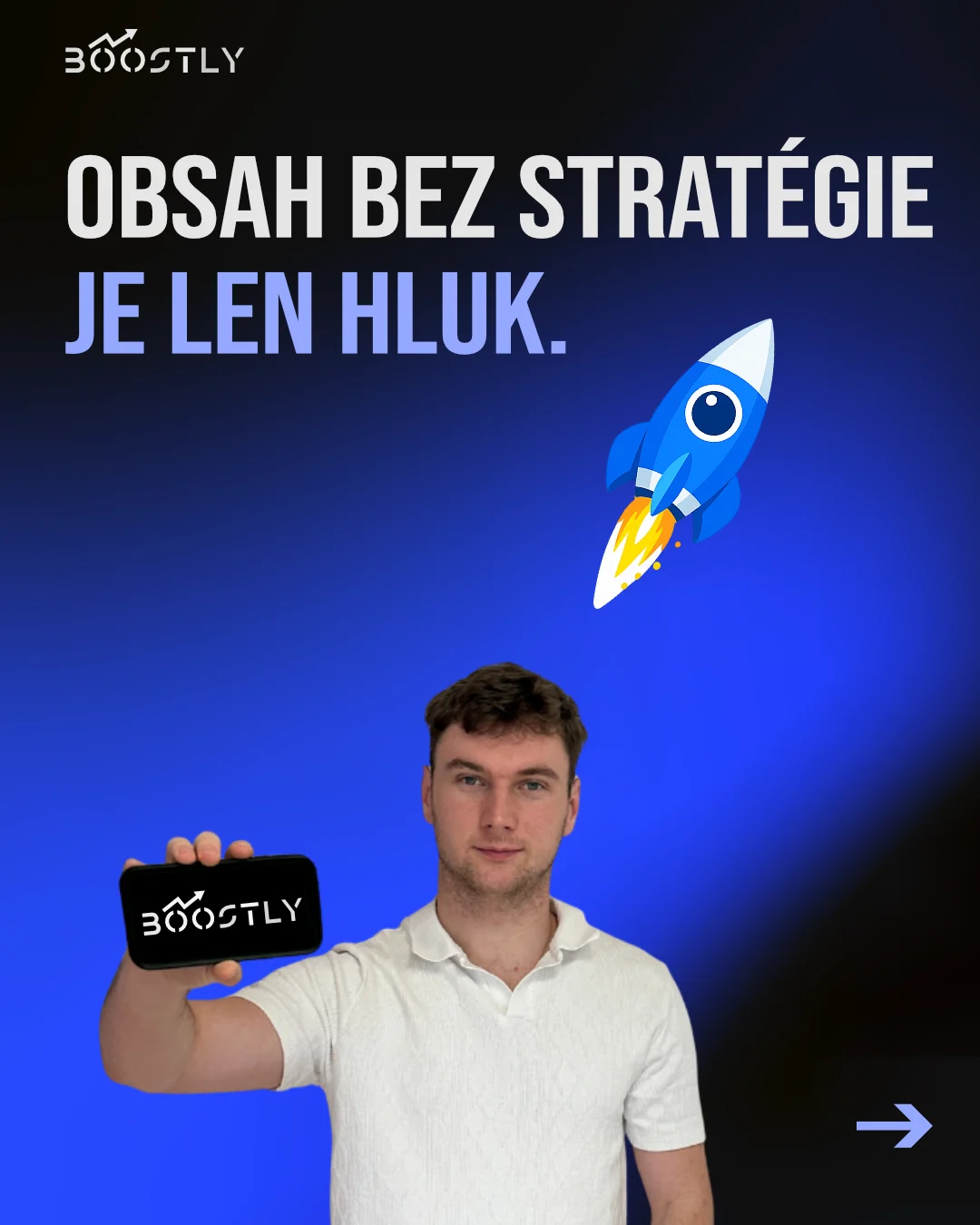 Slide 1: the headline over a blue gradient, a rocket, and a man holding up a phone with the Boostly logo