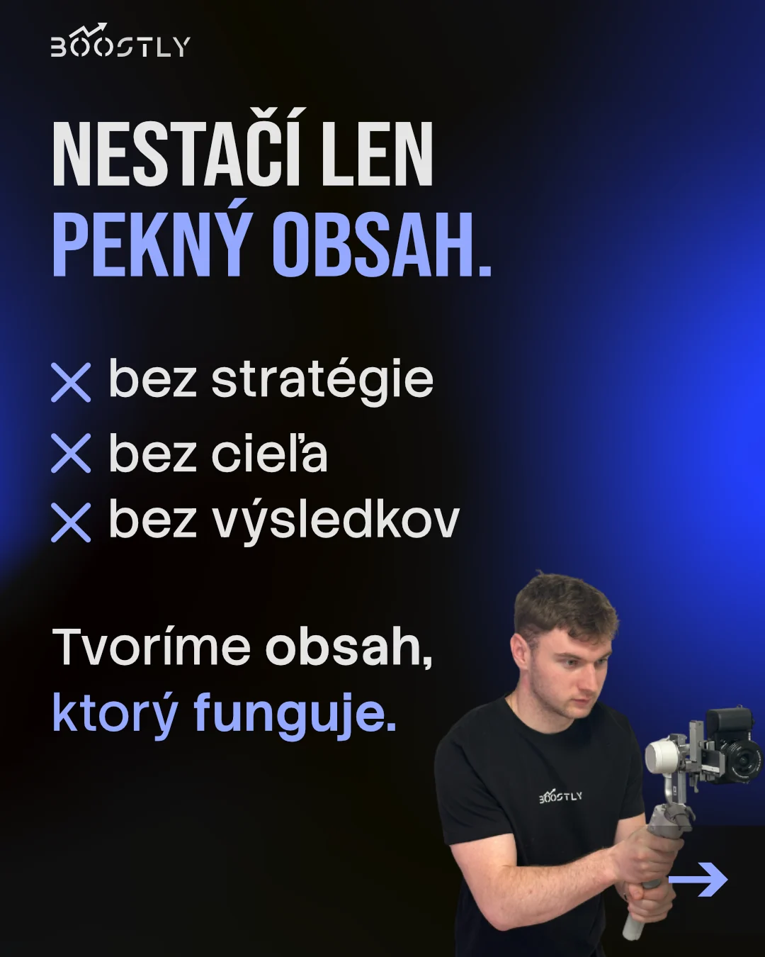 Slide 2: three crossed-out points and a man filming with a gimbal