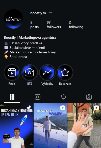 Boostly's Instagram profile, with the profile picture, the four highlight covers, and the carousel's first slide pinned at the top of the grid