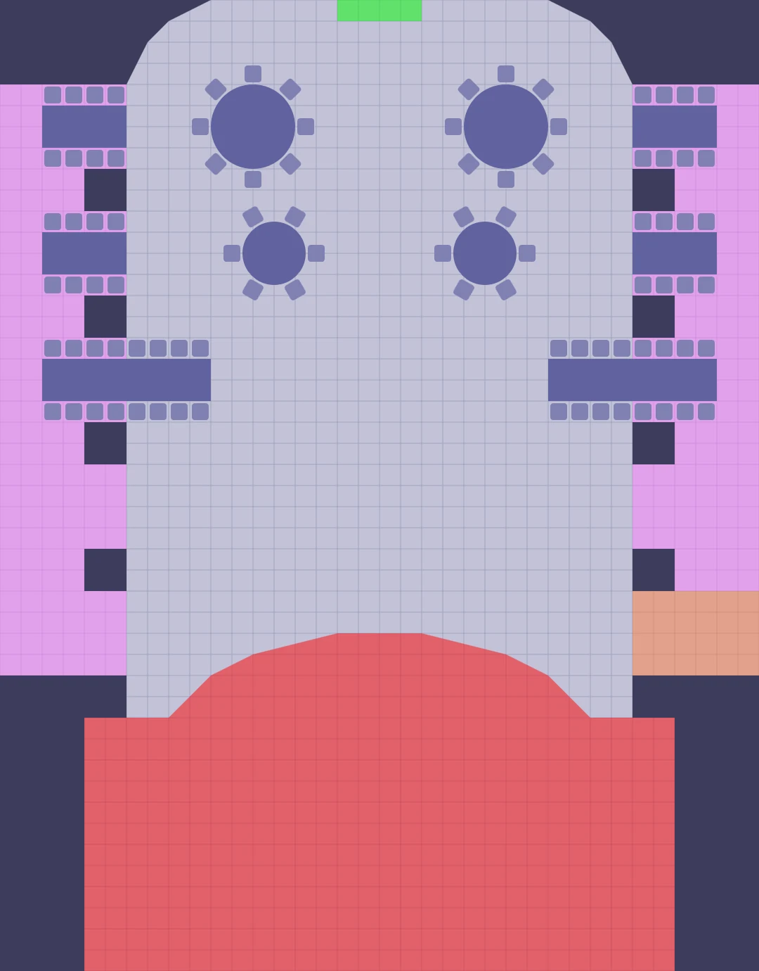 The 2024 editor: a hall with round and long tables, the stage and the entrances