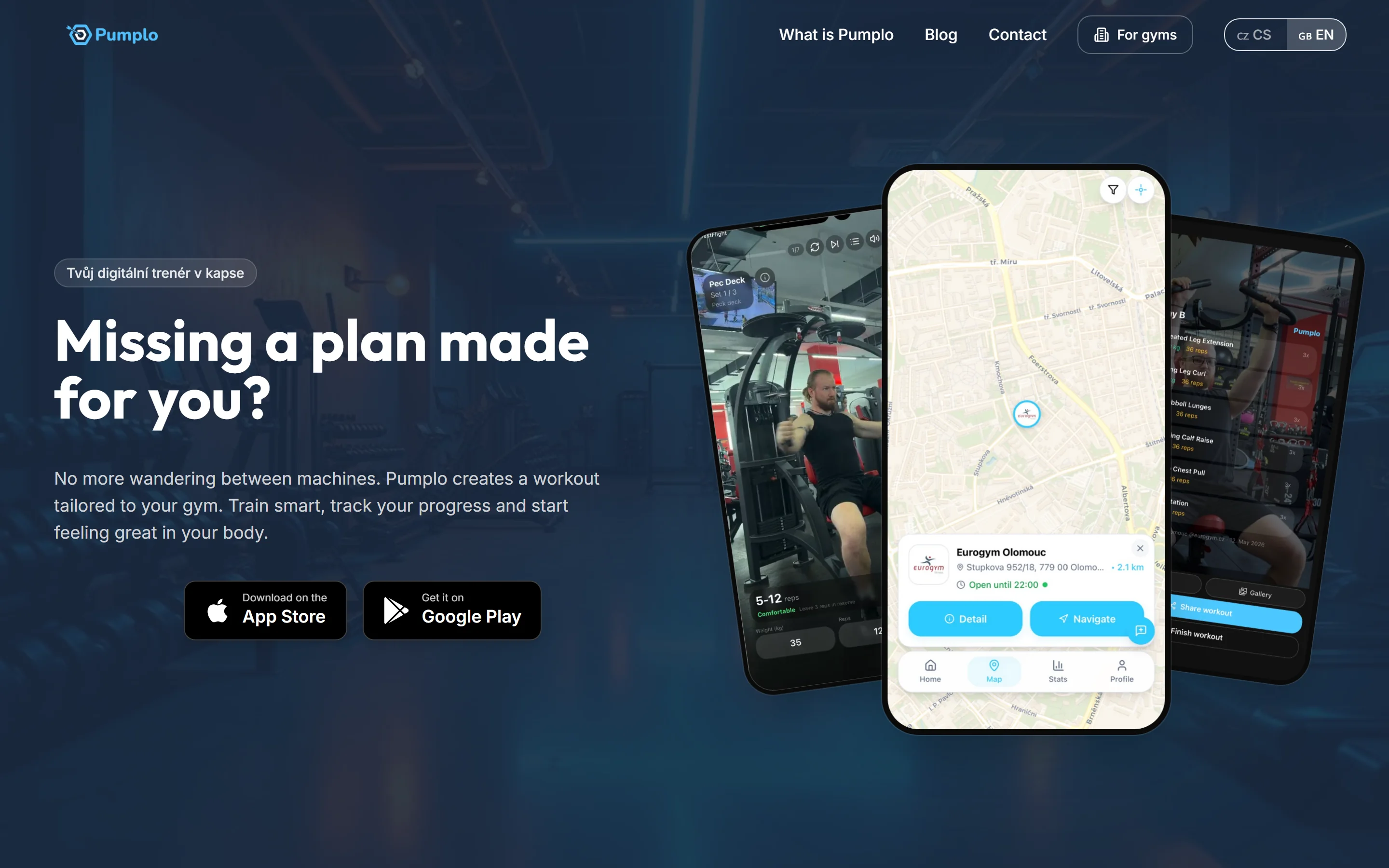 pumplo.com today, with the app open on Eurogym Olomouc