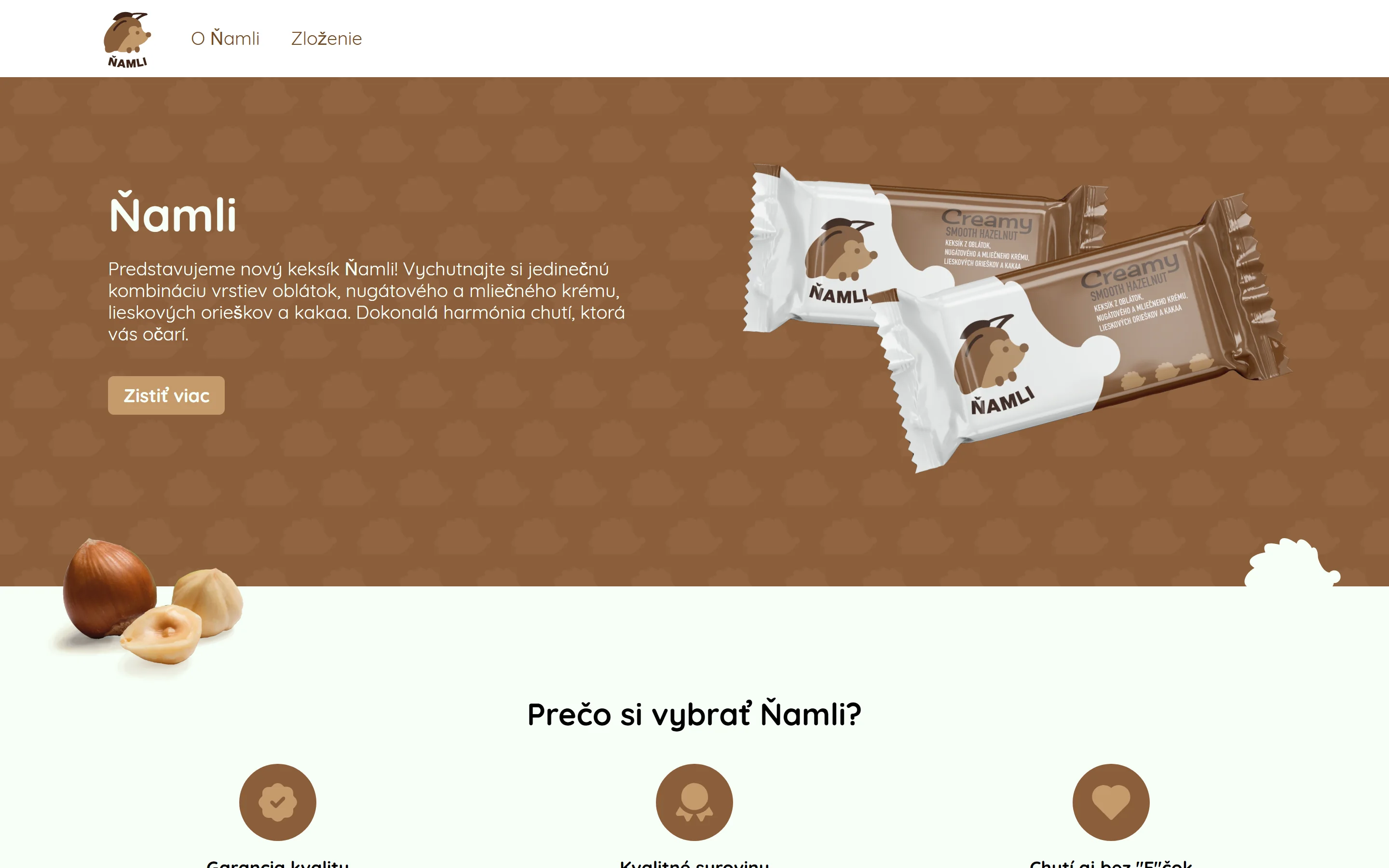 The Ňamli promo site: the hero with the biscuit, and the start of the section on why to choose Ňamli